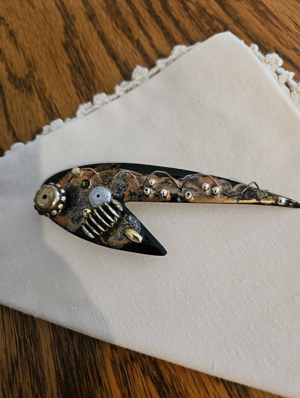 Vintage 90s Artisan Steampunk Mixed Media Fish Broach Pin OOAK